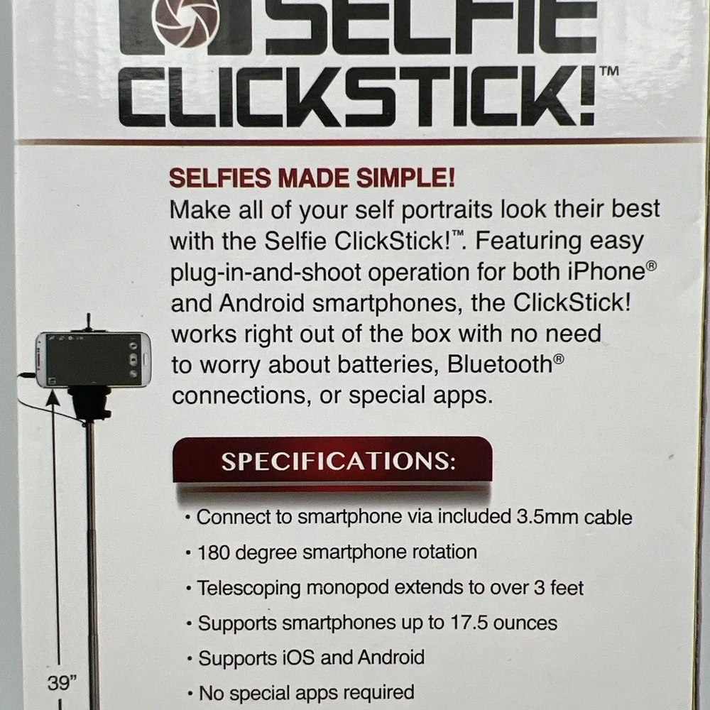 Selfie Stick Portable 39 Inch Android Or iPhone W/ Selfie Button W/ Device Mount